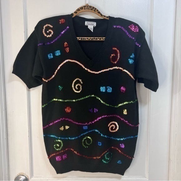 Vintage sequin short sleeve cotton sweater - Picture 1 of 4